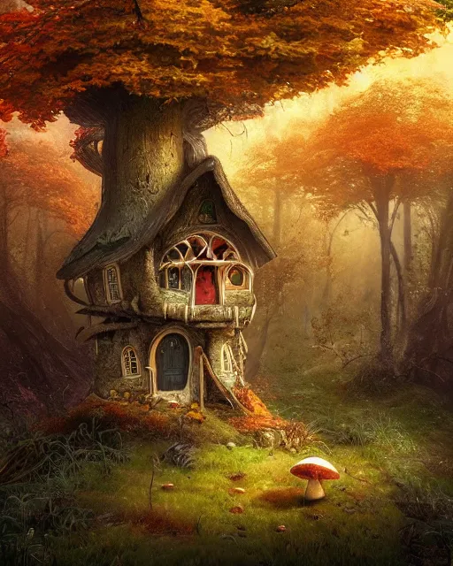 Image similar to a tall cute mushroom house in a magical forest in autumn, cinematic, stunning, adorable, artstation, smooth, hard focus, illustration, art by jessica rossier and and brian froud