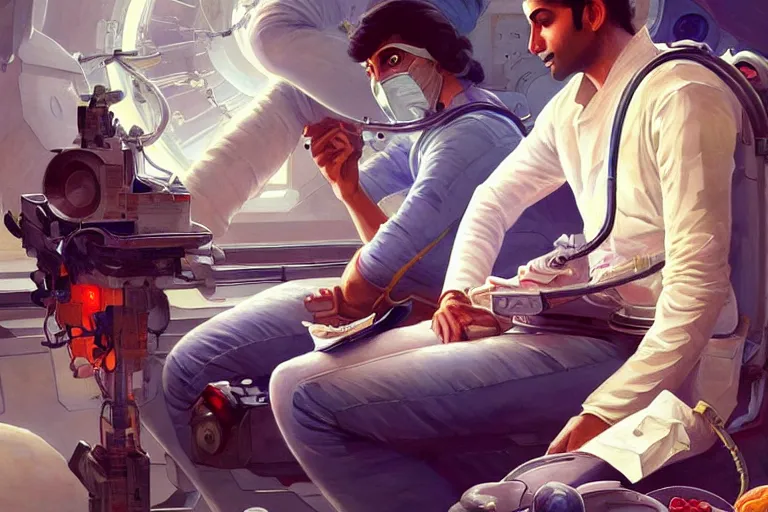 Image similar to Exhausted good looking pale young Indian doctors wearing jeans in a space station above Earth performing surgery, portrait, elegant, intricate, retrofuturistic digital painting, artstation, concept art, smooth, sharp focus, illustration, art by artgerm and greg rutkowski and alphonse mucha