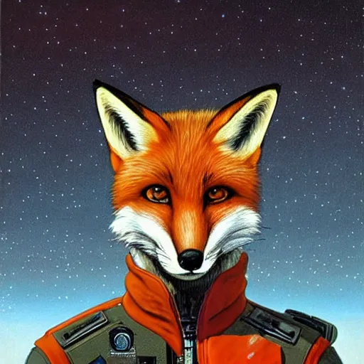 Image similar to a portrait of fox mccloud by peter elson, furry art : he is looking to the side, profile, with a sci fi city background by syd dutton