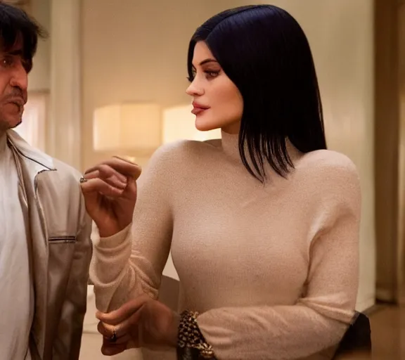 Image similar to a movie still of kylie jenner with tony montana in the movie scarface 2 0 4 9