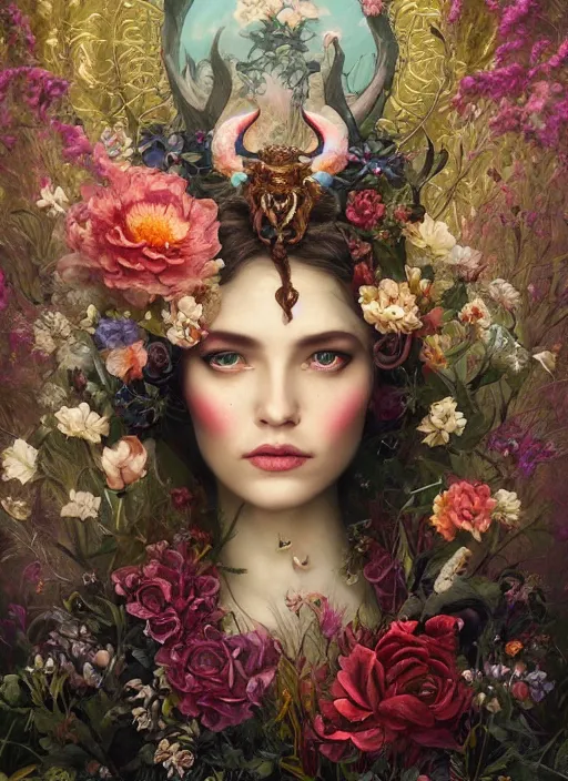 Prompt: portrait of the queen of the underworld, surrounded by flowers by karol bak, james jean, tom bagshaw, rococo, beautifuleyes!!, trending on artstation, cinematic lighting, hyper realism, octane render, 8 k, hyper detailed.