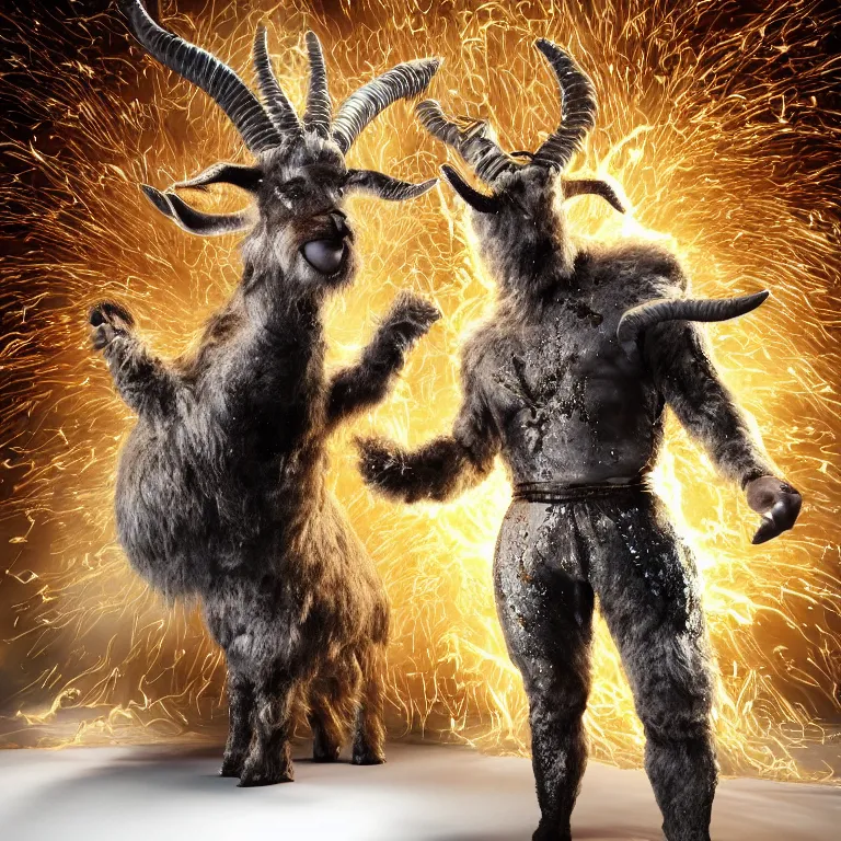 Image similar to octane render portrait by national geographic and wayne barlow and carlo crivelli and glenn fabry, a demon with the furry head of a goat with shining golden horns wearing a tight iridescent silver latex pants and shirt, inside an explosion of glitter, cinema 4 d, ray traced lighting, very short depth of field, bokeh