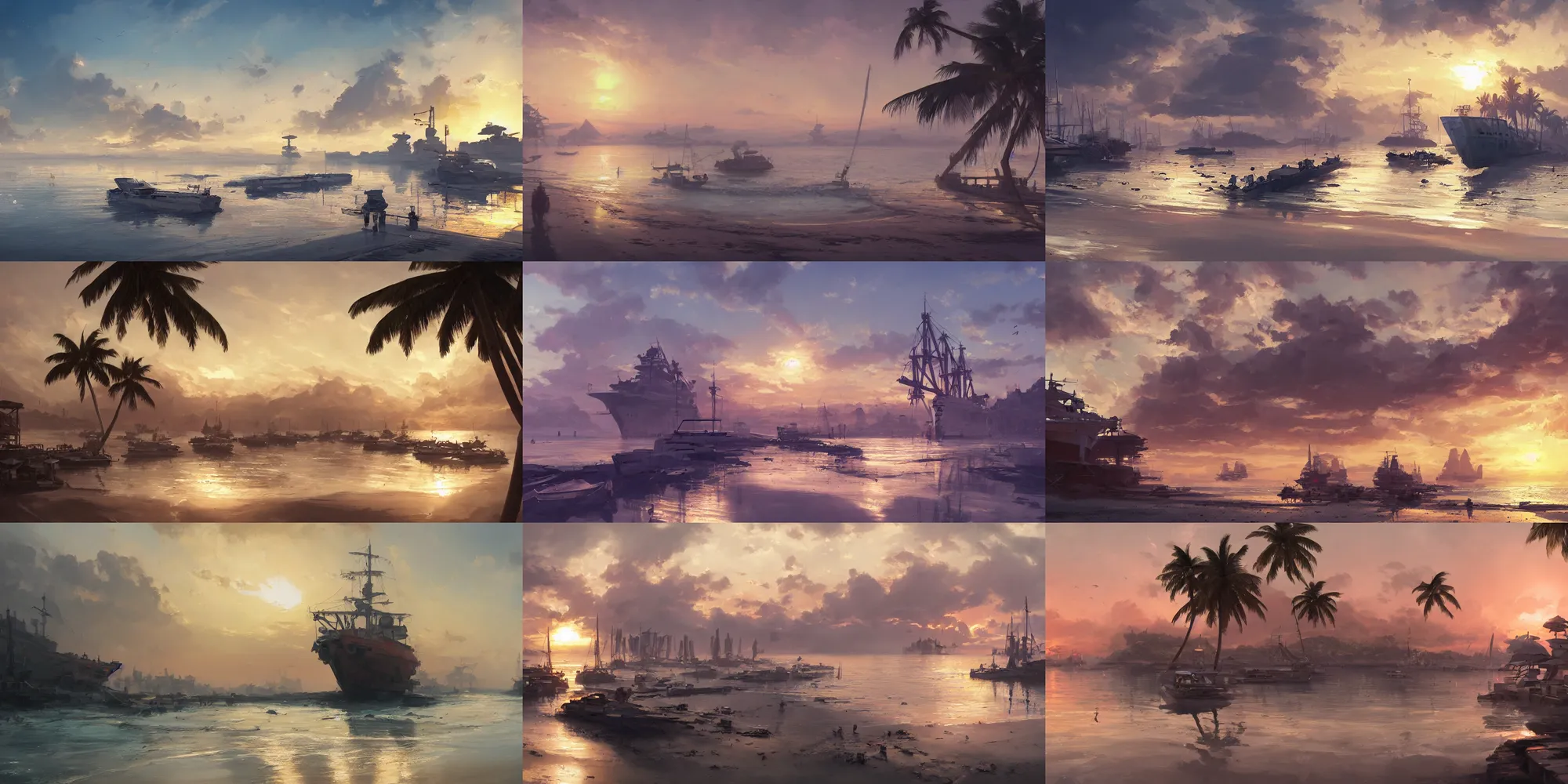 Prompt: a tropical beach harbor with a docked ship by Greg Rutkowski, sunrise, Trending on Artstation, serene, calm