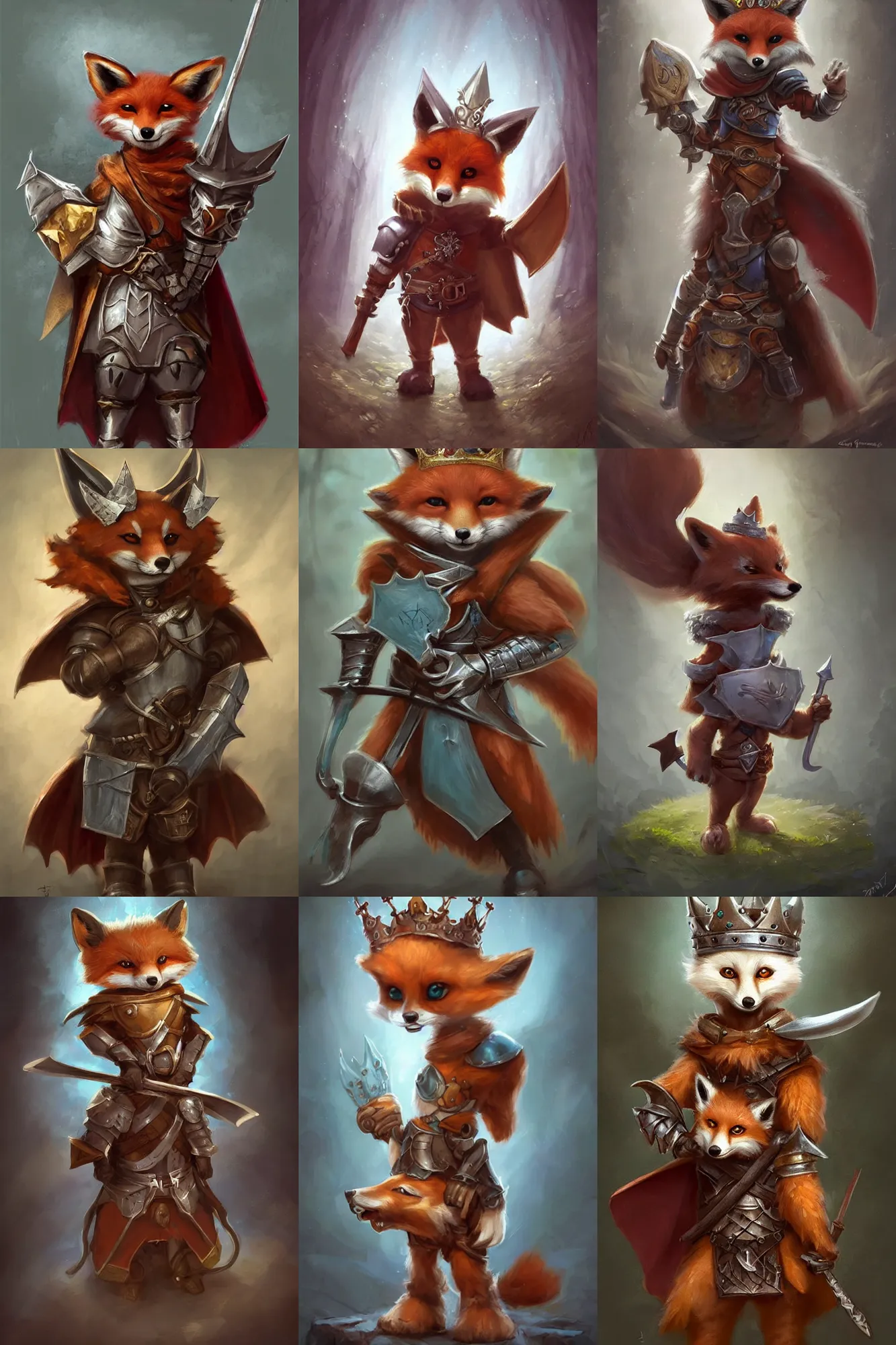 Image similar to cute little anthropomorphic foxy knight wearing a cape and a crown, tiny, small, miniature fox, baby animal, short, pale blue armor, cute and adorable, pretty, beautiful, DnD character art portrait, matte fantasy painting, DeviantArt Artstation, by Jason Felix by Steve Argyle by Tyler Jacobson by Peter Mohrbacher, cinematic lighting