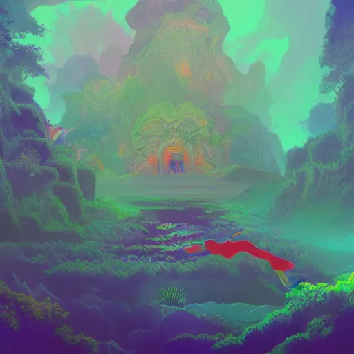 Image similar to landscape of hero with pistol swimming in chromatic SPIRITS in misty mysterious astral temple, beautiful, dmt, trending on artstation, omnious, soft, artwork by Wong, Liam