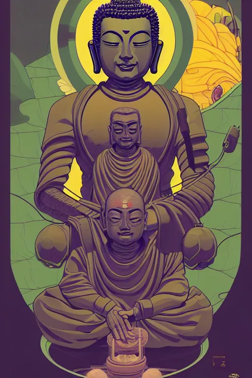 Prompt: a study of cell shaded cyborg astronaut buddha meditating in a lotus flower illustration, golden ratio, post grunge portrait, character concept art by josan gonzalez, james jean, Mike Mignola, Laurie Greasley, highly detailed, sharp focus, alien, Artstation, deviantart, artgem