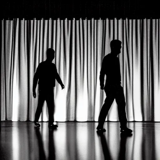 Prompt: Two male silhouettes on a gigantic abandoned theatre stage, they are walking towards the camera, there are curtains in the background, wide-angle, zoomed out, black-and-white, 50 mm