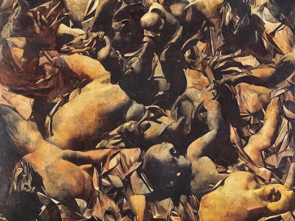 Image similar to Men fighting in the muck, African painted god, mask, sculpture, Henri Moore giant, blue eyed, looking from the water conch. Boulders of marbled rocks, spiked, wings. Painting by Caravaggio, Rene Magritte, Moebius, Jean Delville, Max Ernst, Maria Sybilla Merian