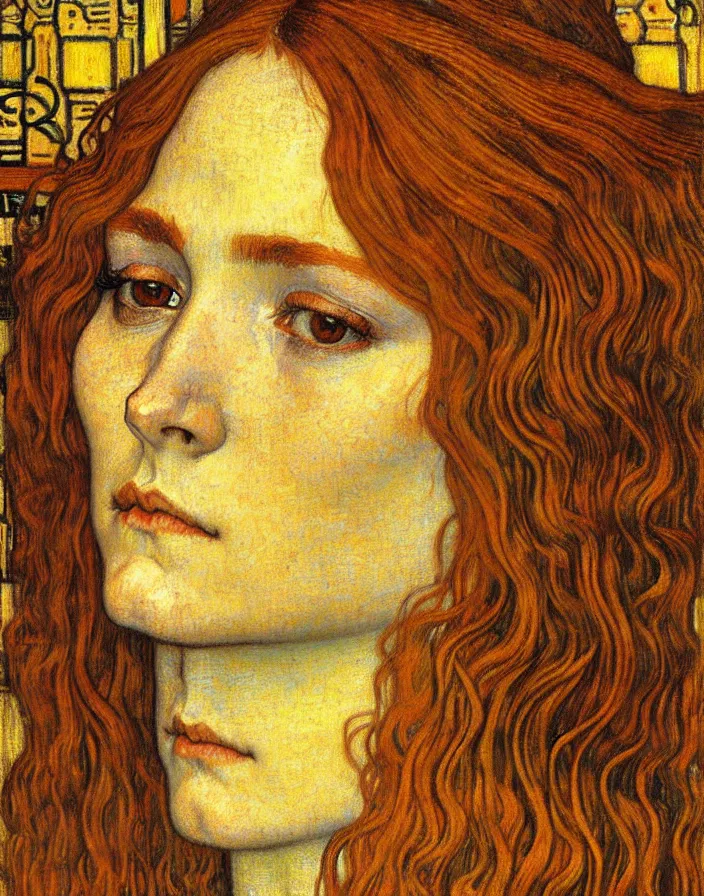 Image similar to detailed realistic beautiful young medieval queen face portrait by jean delville, gustav klimt and vincent van gogh, art nouveau, symbolist, visionary, gothic, pre - raphaelite, muted earthy colors, desaturated