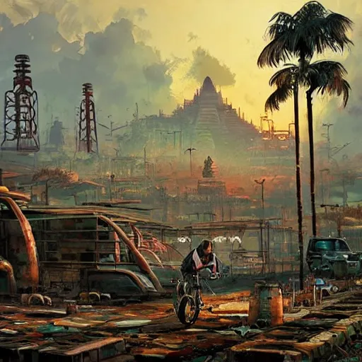 Image similar to beautiful painting of an industrial wasteland with balinese ruins and oriental decaying monuments in the style of Simon Stålenhag and H. R. Giger