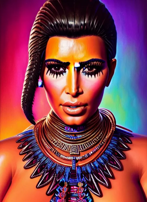 Image similar to portrait of kim kardashian, hyper detailed ultra sharp aztec shaman warrior. trending on artstation, warpaint aesthetic, bloodwave, colorful, psychedelic, ornate, intricate, digital painting, concept art, smooth, sharp focus, illustration, art by artgerm and greg rutkowski and h. r. giger, 8 k