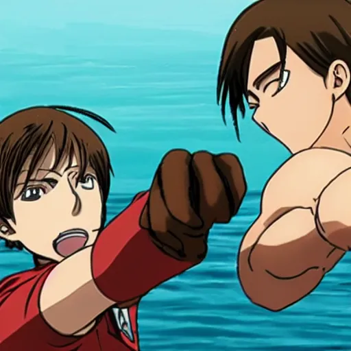 Image similar to eren jaeger pointing at a sausage over the sea