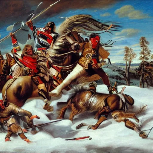 Image similar to majestic native americans fighting cyborg white men in a snowy field, landscape, hyper realistic painting, 1 6 0 0 s,