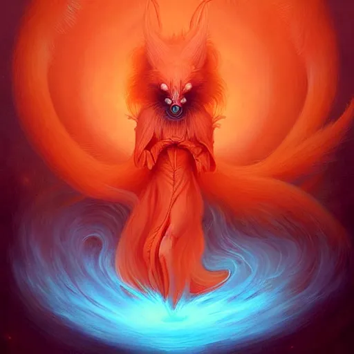 Prompt: prompt A beautiful red orange fluffy kumiho, Peter Mohrbacher