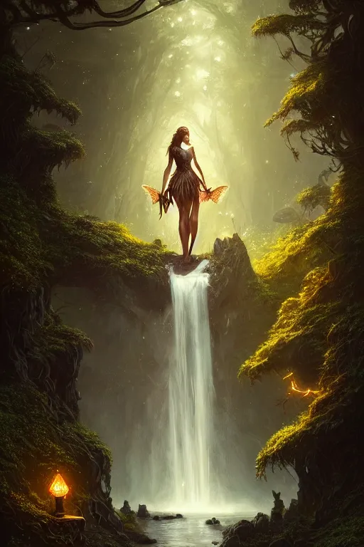 Prompt: detailed intricate digital illustration by greg rutkowski and artgerm and wlop and sanford robinson gifford ; gothic fantasy valley and waterfall faerie fey unseelie in background ; 1 3 mm film, arri alfa anamorphic lens ; sharp focus, golden hour, fireflies ; trending on artstation 8 k closeup