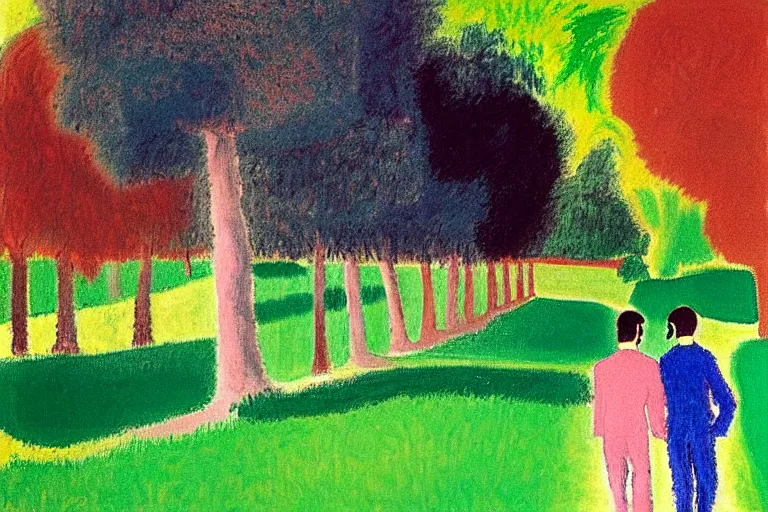 Image similar to a very tall man named John with dark hair holding the hands of a short young boy named Alex with dark hair as they walk in a park on a bright beautiful colorful day. part in the style of an edgar degas painting. part in the style of david hockney