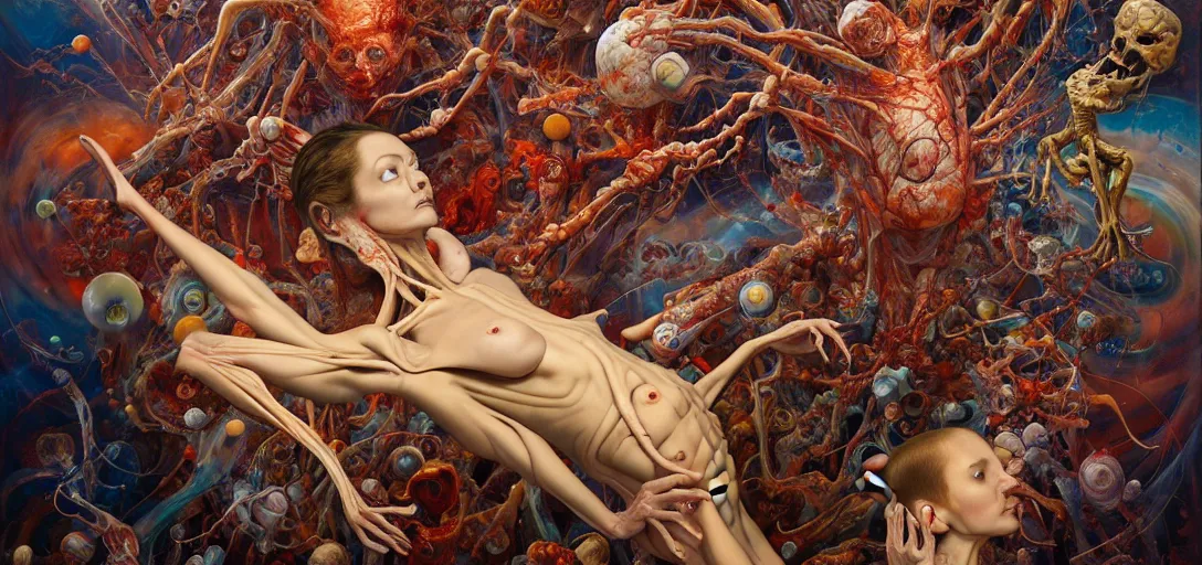 Image similar to fleshy anatomical figures with extra limbs, hovering in the air, zero gravity, neurons firing, rich colours, karol bak, mark brooks, hauntingly surreal, highly detailed painting by katsuhiro otomo, part by james jean, part by adrian ghenie, part by gerhard richter, soft light 4 k