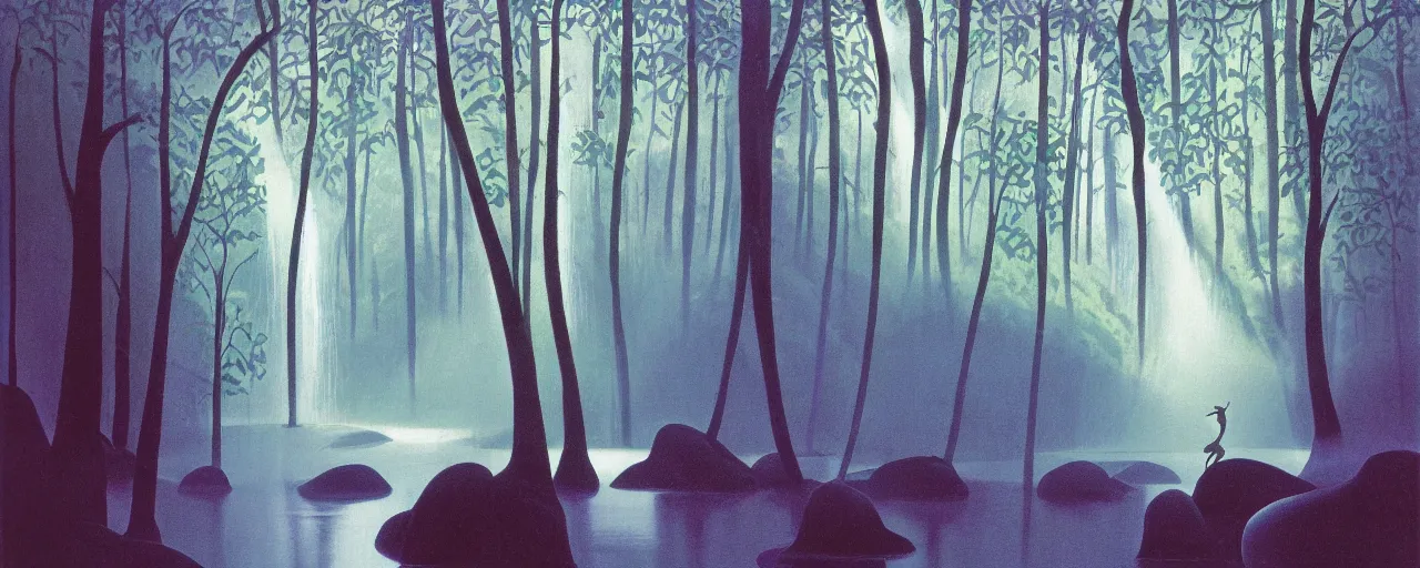 Image similar to deep forest, rainbow river waterfall, light shimmering, water mists, subtle color variantions, summer rain, gentle mists, a white robed benevolent magician clothed in a royal garment in contemplation and meditation casts a benevolent white magic spell, by Eyvind Earle and Mary Blair