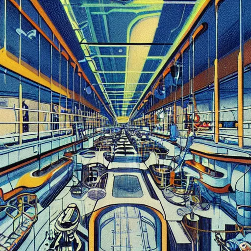 Image similar to a scifi illustration, factory interior. seen from above in FANTASTIC PLANET La planète sauvage animation by René Laloux