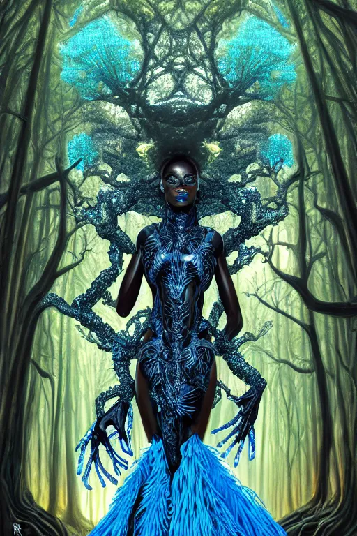 Image similar to hyperrealistic post-maximalist super expressive! black woman with exoskeleton armor, merging with tree in a forest, highly detailed digital art masterpiece smooth cam de leon hannah yata dramatic pearlescent blue teal light ground angle hd 8k sharp focus