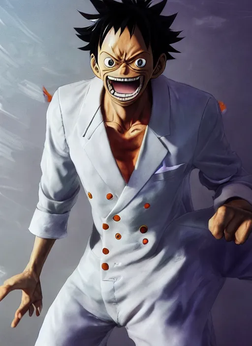 Image similar to a professional render of luffy wearing a white suit, calm face, concept art, sharp detail, smooth render, art style by Ruan Jia and Mandy Jurgens and Ian Spriggs and William-Adolphe Bouguerea