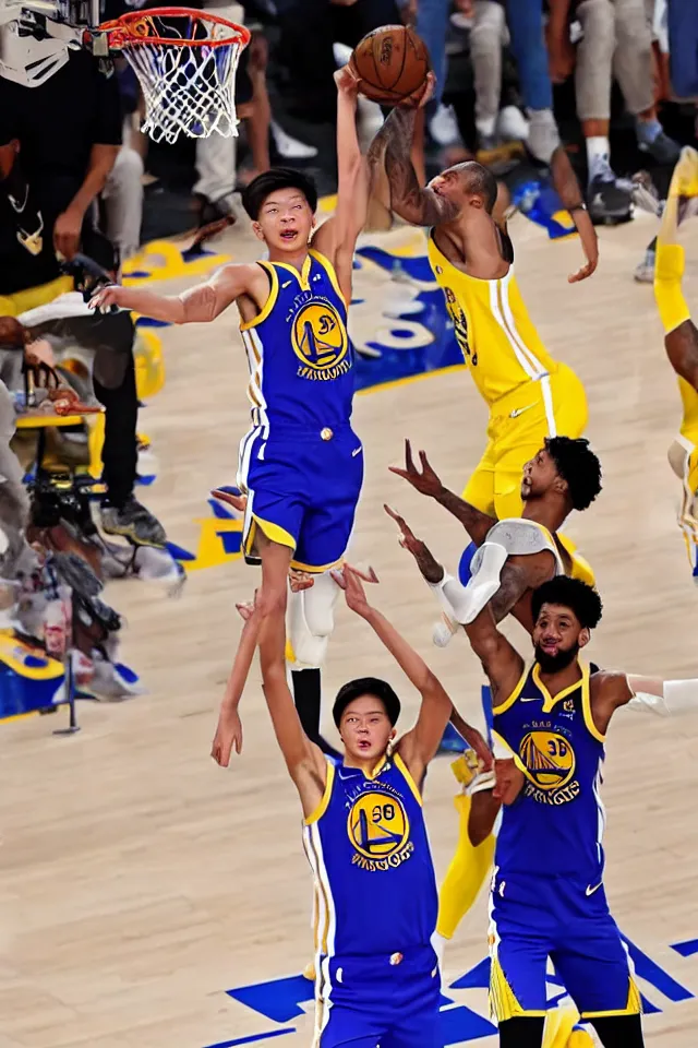 Image similar to kai sotto in the golden state warriors during the nba finals dunking on lebron james and anthony davis, 8 k, hyperrealistic, realistic, highly detailed, true to life