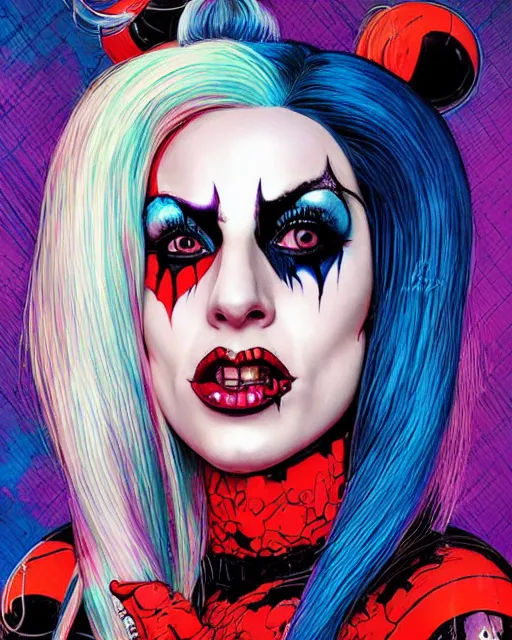 Image similar to lady gaga as harley quinn, grotesque, horror, high details, bright colors, striking, intricate details, by vincent di fate, artgerm julie bell beeple, 1 9 8 0 s, inking, vintage 8 0 s print, screen print