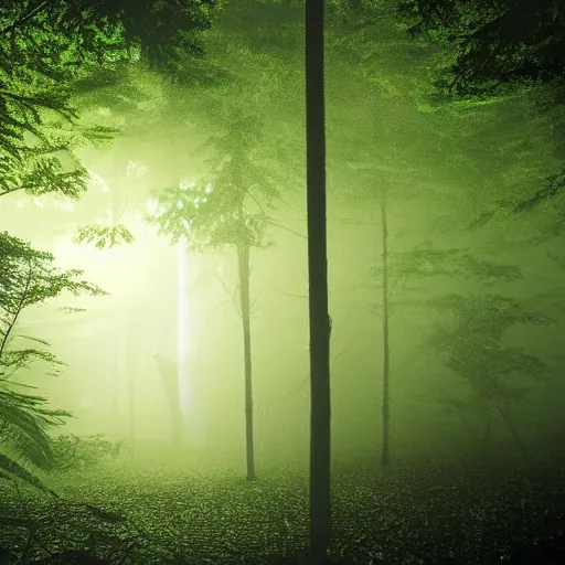 Image similar to deep rain forest scene, dark, dense fog, greenish lights