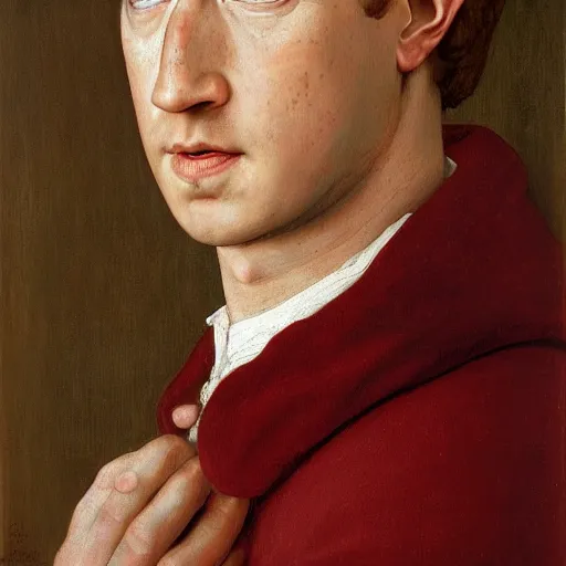 Image similar to portrait of mark zuckerberg, oil painting by jan van eyck, northern renaissance art, oil on canvas, wet - on - wet technique, realistic, expressive emotions, intricate textures, illusionistic detail