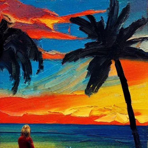 Prompt: a very very small island! woman!!! fireplace!! palm trees, dark very late evening cloudy sunset, dramatic and dynamic lighting, thick brush strokes oil impasto painting