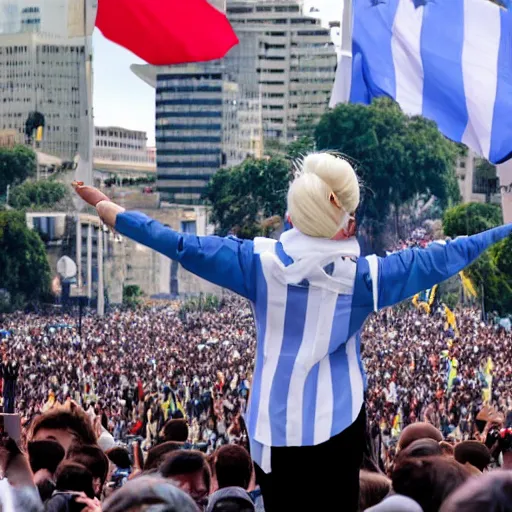 Image similar to Lady Gaga as president, Argentina presidential rally, Argentine flags behind, bokeh, giving a speech, detailed face, Argentina