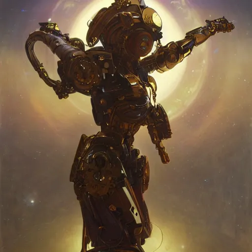 Image similar to a stunning dynamic pose full body of a celestial robot, intricate, 8k highly professionally detailed, hdr, CGSociety, dark fantasy, dynamic lighting, cinematic, pristine, smooth, cosplay, elegant, sharp focus, art by alphonse mucha and greg rutkowski,