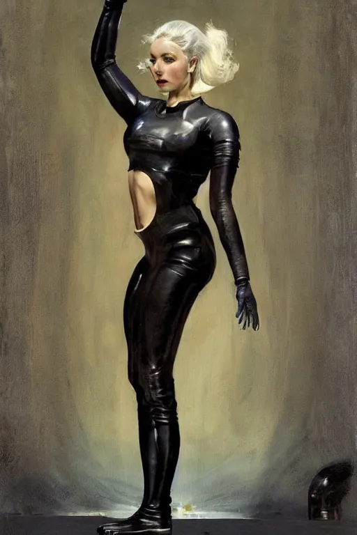 Prompt: pulp scifi fantasy illustration full body portrait android girl, gymnastique, white hair, in leather, by norman rockwell, roberto ferri, daniel gerhartz, edd cartier, jack kirby, howard v brown, ruan jia, tom lovell, frank r paul, jacob collins, dean cornwell, astounding stories, amazing, fantasy, other worlds