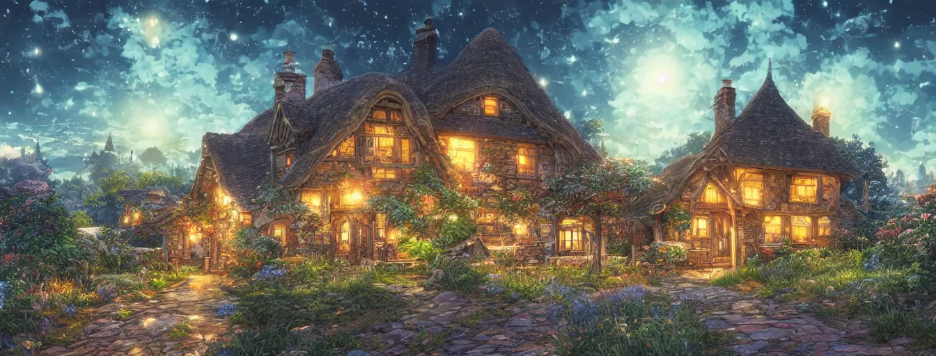 Image similar to the aesthtic view of a beautiful, dreamy, wistful cottage under a grand night sky with light. hyperrealistic anime background illustration by kim jung gi, colorful, extremely detailed intricate linework, smooth, super sharp focus, bright colors, high contrast, matte, octopath traveler, unreal engine 5 highly rendered, global illumination, radiant light