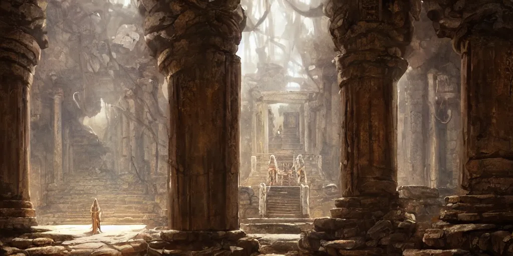 Prompt: ancient temple, pillars, tomb raidar, indiana jones, altar, traps, from inside a temple, temple run, painted by greg rutkowski