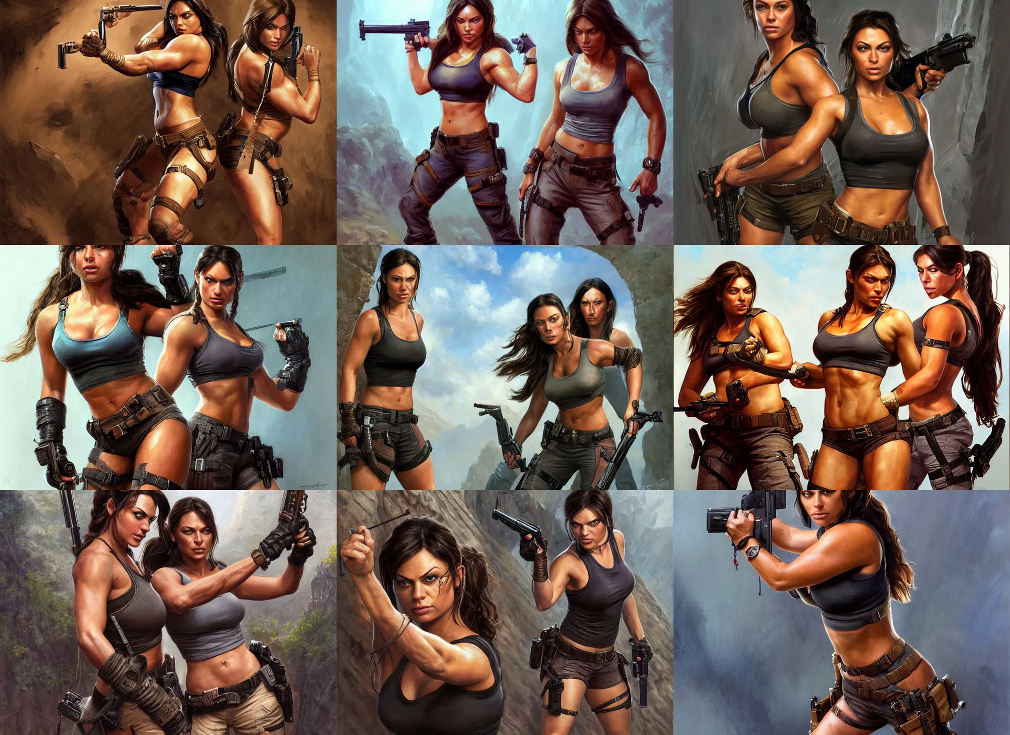 Image similar to portrait of very muscled Mila Kunis as Lara Croft with pistols drawn hiding from a few scary creepy mummies, elegant, highly detailed, centered, digital painting, artstation, concept art, artgerm, donato giancola, Joseph Christian Leyendecker, WLOP, Boris Vallejo, Artgerm