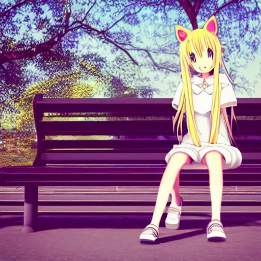 Image similar to 3 d photo of an anime girl with cat ears and long blond hair looking to her side sitting on a bench with a park behind her bokeh shader anime