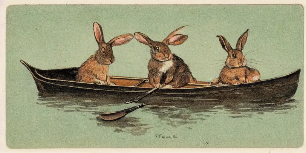 Image similar to a 1 9 1 0 s postcard representing a rabbit in a rowboat
