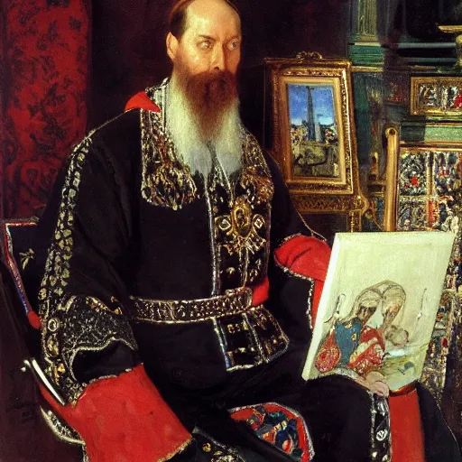 Image similar to portrait of tsar in Cap of Monomakh Ivan the Terrible watching smartphone masterpiece painting by vasnetsov and surikov, JEAN-VICTOR BERTIN, by Terence Cuneo, detailed, artfully traced, 4k resolution, cinematic, dramatic