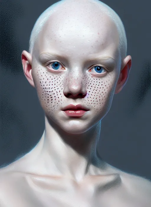 Image similar to portrait of an albino girl, freckles, no hair, serious, 1 9 5 0 s, intricate, elegant, glowing lights, highly detailed, digital painting, artstation, concept art, smooth, sharp focus, illustration, art by wlop, mars ravelo and greg rutkowski