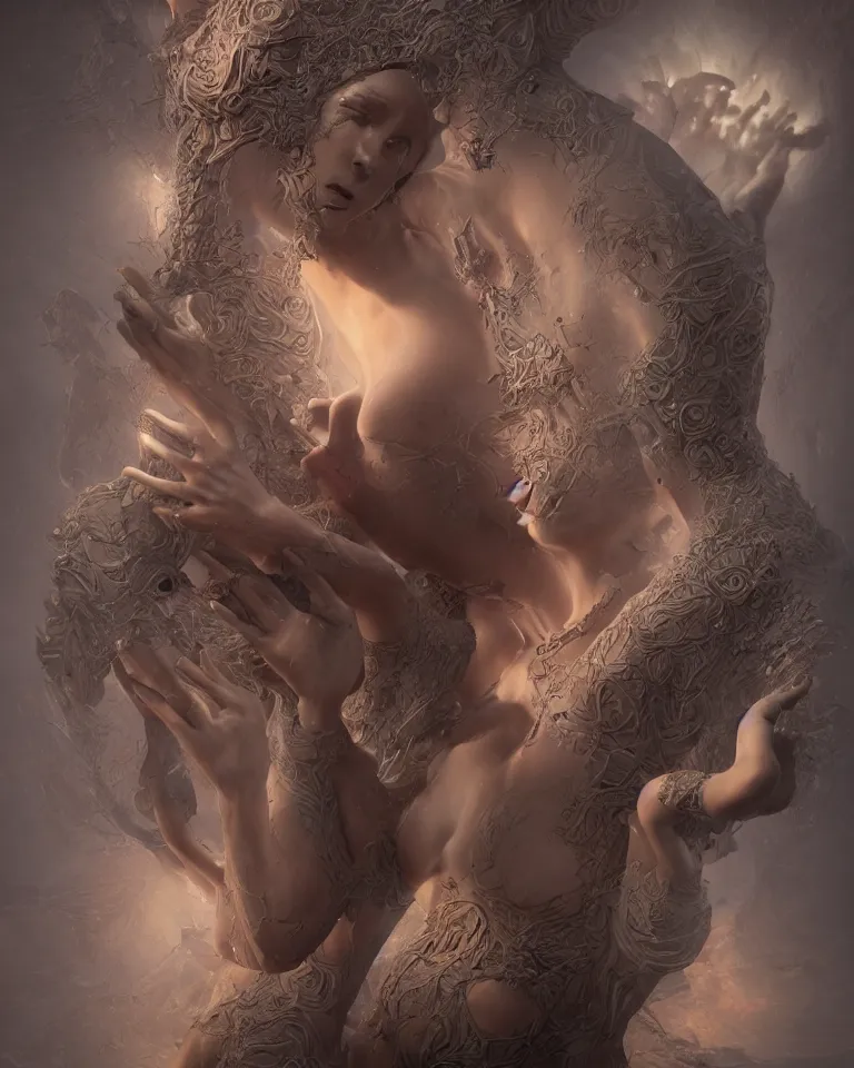 Prompt: metaphysical portrait of a gorgeous etherial female statue breaking apart by Andrew Ferez, cosmic horror, octane render, trending on cgsociety, featured on zbrush central, grotesque, vanitas, new sculpture, mystical
