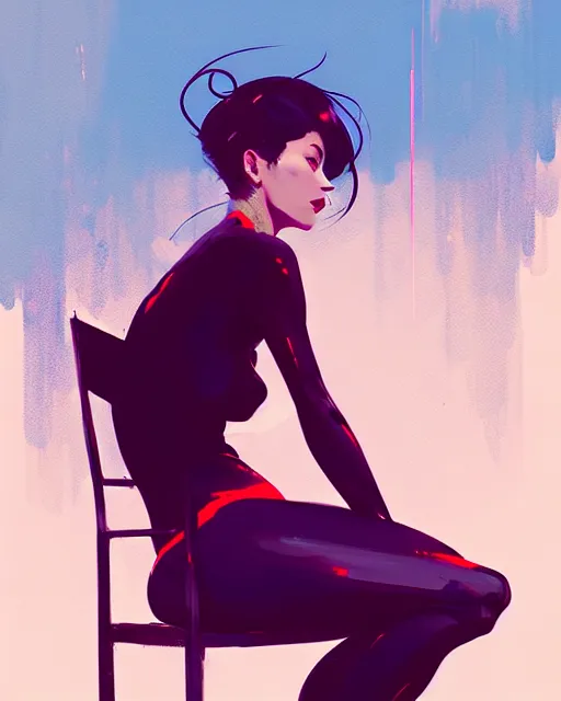 Image similar to a ultradetailed beautiful panting of a stylish woman sitting on a chair, by conrad roset, greg rutkowski and makoto shinkai, trending on artstation