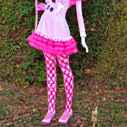 Image similar to barbie doll, bunny costume, playboy, rabbit ears, plaid tights, full length, raspberry banana color, lace