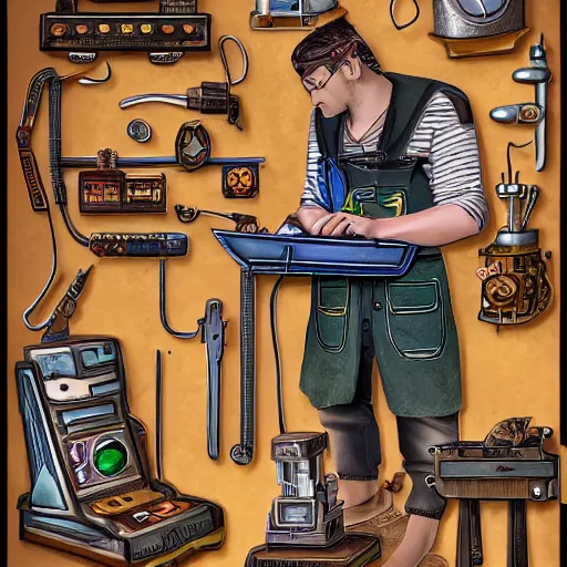 Image similar to a aesthetic portrait of a tinkerer working on ancient machines to do magic