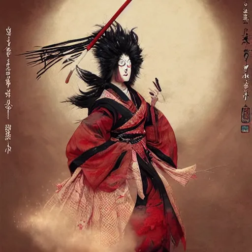 Image similar to an epic portrait of insane kabuki wielding a spear, magical aura of insanity, intricate hakama, poofy red wig, eerie, highly detailed, dark fantasy, art by artgerm and greg rutkowski