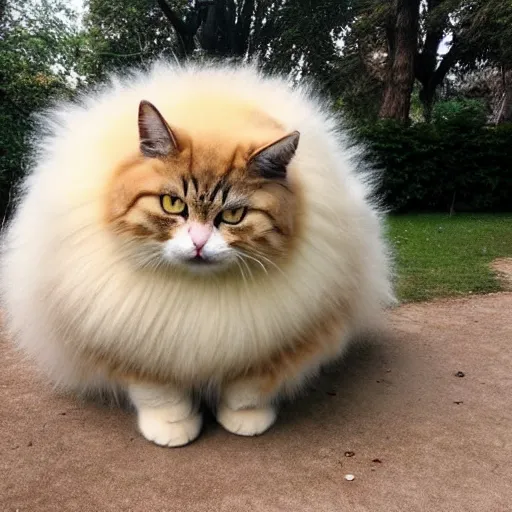 Image similar to giant! cat with fur overwhelmingly ( very very fluffy! ) giant! puffy fur in a park
