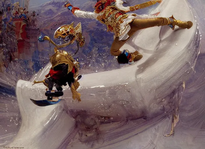 Image similar to the queen doing extreme skateboarding tricks at the olympics, highly detailed painting by gaston bussiere, craig mullins, j. c. leyendecker