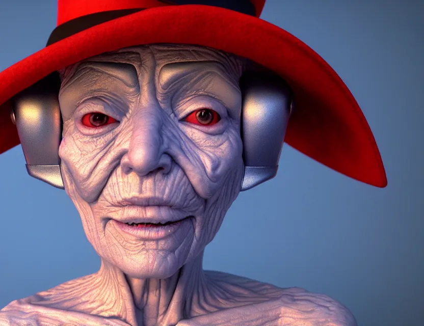 Image similar to cinematic bust portrait of robo face granny cyborg body, witch's hat on head, by jean giraud, trending artstaition, 3 d, unreal engine