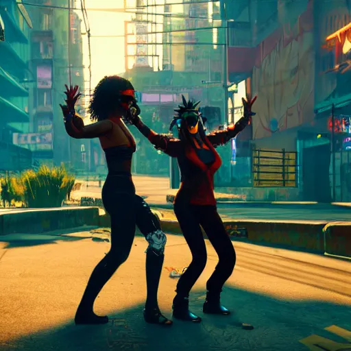 Image similar to Dancing hippies Cyberpunk 2077. CP2077. 3840 x 2160