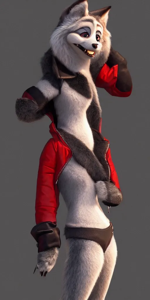 Prompt: full body portrait, anthropomorphic female wolf 🐺 with red 🟥 fur, wearing a black ⬛ leather jacket and denim pants, detailed, unreal engine 5, cinema 4 d cinematic, artstation, in the style of zootopia